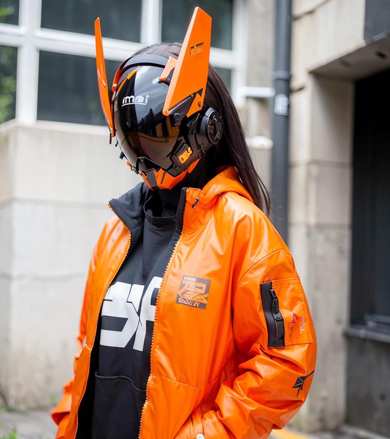 17661-3672199891-(original_ 1.2), masterpiece, best quality, a woman with a fantastic cyberhelmet, wearing a orange techwear jacket, on the stree.png